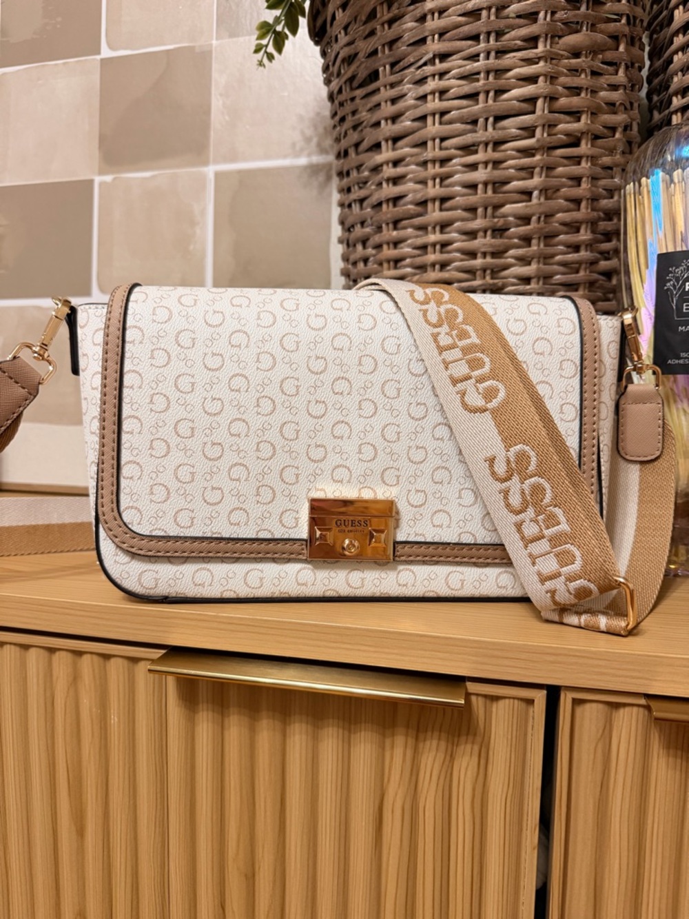 GUESS Cream & Tan Logo Crossbody with Branded Strap